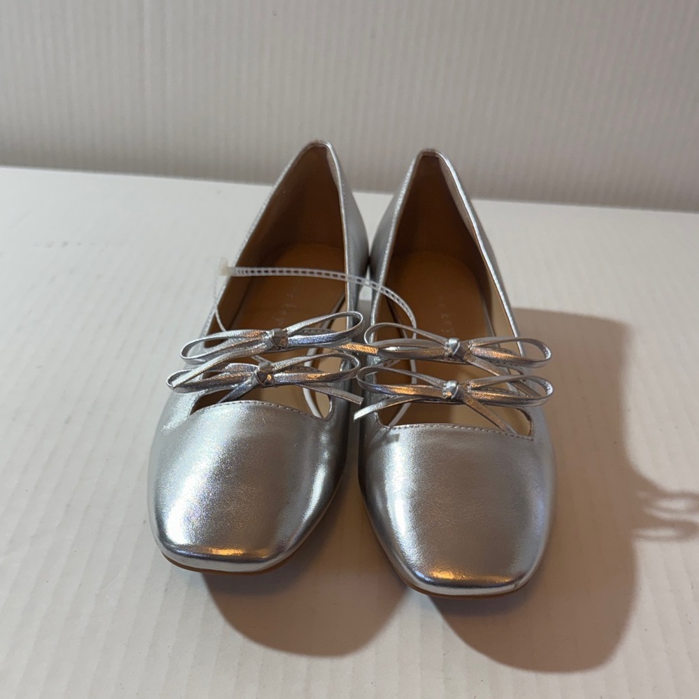 Copper Key Metallic Silver Square-Toe Flats with Double Loop Bow